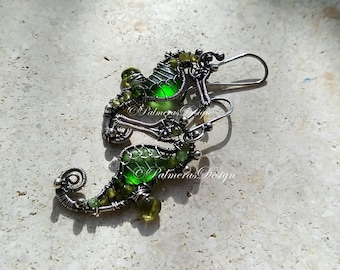 APPLE GREEN seahorse wire wrapped seaglass earrings.