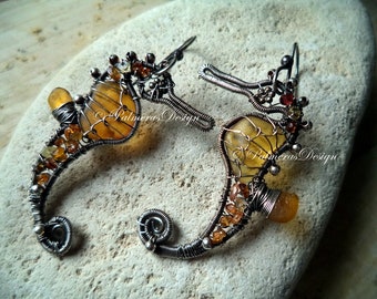 HONEY AMBER seahorse wire wrapped seaglass earrings.