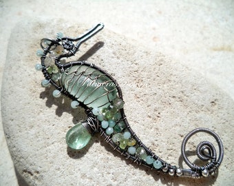 AQUA seahorse wire wrapped seaglass pendant.