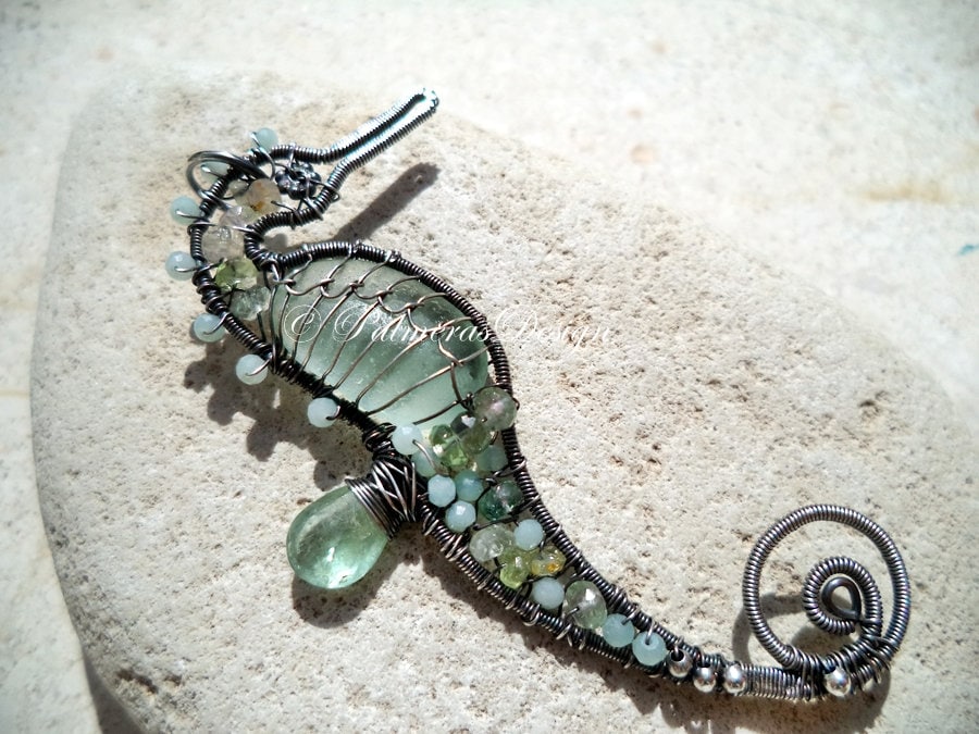 Eye Glass Chain with Sea Glass and Seahorse Charms - Bits off the