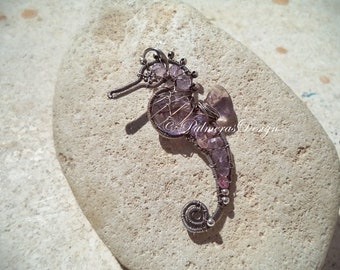 AMETHYST seahorse wire wrapped gemstone pendant.