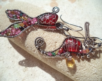 RUBY RED seahorse and mermaid tail wire wrapped seaglass earrings.