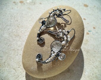 WHITE seahorse wire wrapped seaglass earrings.