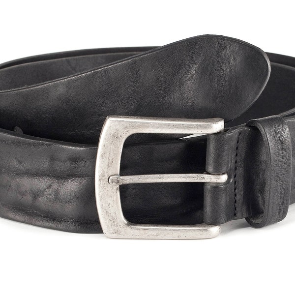 Leather belt black vintage jeans belt men fullgrain leather old silver buckle