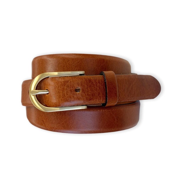 Leather belt ladies cognac full grain cowhide ladies belt with belt buckle gold satin belt width 2,5cm