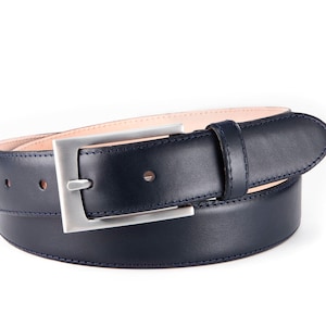 Men&#39;s belt dark blue leather belt men&#39;s fine calfskin suit belt width 3,0cm