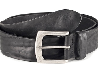 Leather belt black vintage jeans belt men fullgrain leather old silver buckle