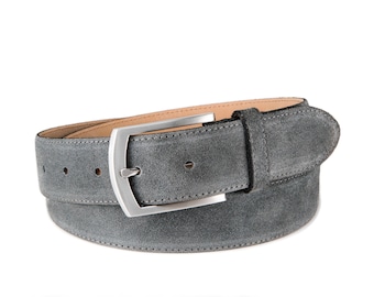 Mens belt dark grey suede leather belt brushed silver buckle stone grey jeans belt
