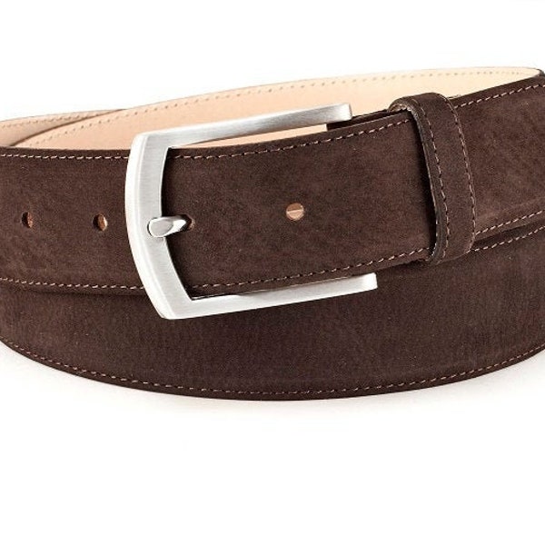 Nubuck leather men belt brown elegant leather belt with matt silver buckle