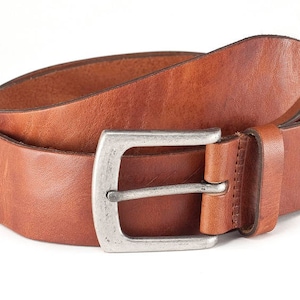 Leather belt men cognac from vegetable tanned full cowhide with old silver buckle image 1