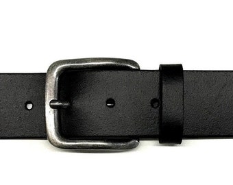 Leather belt black buffalo leather antique silver buckle