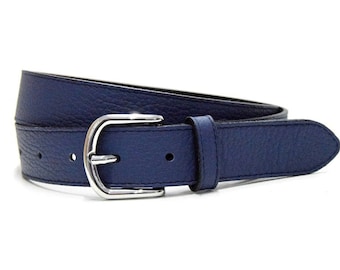 Cinto de couro azul marinho feminino com fecho prateado couro napa granulado macio couro de flor integral premium