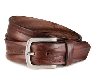 Dark brown leather belt vintage jeans belt made of soft fullgrain leather with antique silver buckle