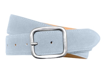 Leather belt ladies jeans belt sky blue suede old silver buckle / Design: Briani Belt, Styling Suede