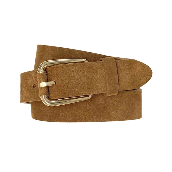 Ladies Belt Suede Cognac Brown With Gold Buckle Leather Belt