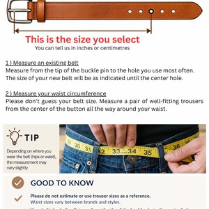 May include: A belt sizing chart featuring a tan leather belt with a silver buckle and five holes. The graphic includes instructions on measuring from the buckle pin to the center hole, and a yellow measuring tape around a waist in blue jeans.