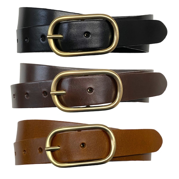 Ladies belt black leather belt with matt gold buckle / Art. Mascha Belt, Design# Douglas