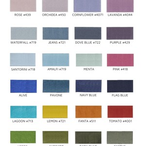 May include: A color chart featuring twenty-four rectangular swatches arranged in six rows and four columns. Each swatch displays a unique color with its corresponding name and number printed below, including Rose, Orchidea, Cornflower, Lavanda, Waterfall, Jeans, Dove Blue, Purple, Santorini, Amalfi, Menta, Pink, Alive, Pavone, Navy Blue, Flag Blue, Lagoon, Lemon, Fanta, Tomato, Verde, Avocado, Dark Olive, and Cactus.