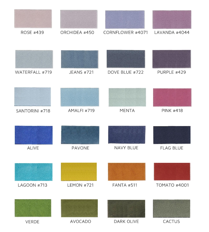 May include: A color chart featuring twenty-four rectangular swatches arranged in six rows and four columns. Each swatch displays a unique color with its corresponding name and number printed below, including Rose, Orchidea, Cornflower, Lavanda, Waterfall, Jeans, Dove Blue, Purple, Santorini, Amalfi, Menta, Pink, Alive, Pavone, Navy Blue, Flag Blue, Lagoon, Lemon, Fanta, Tomato, Verde, Avocado, Dark Olive, and Cactus.