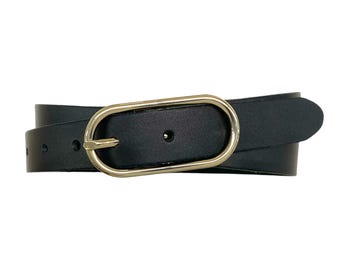 May include: A black belt featuring a smooth, matte finish and a polished gold-tone oval buckle. The belt strap is plain with a rounded tip and visible adjustment holes, showcasing a clean, functional design with a metallic hardware accent.
