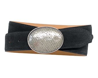 24”-29” Suede Leather Belt With Silver Metal Buckle and Tip
