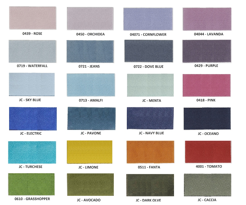 May include: A color chart featuring twenty-four rectangular fabric swatches arranged in a grid. Each swatch is labeled with a unique code and color name, including Rose, Orchidea, Cornflower, Lavanda, Waterfall, Jeans, Dove Blue, Purple, Sky Blue, Amalfi, Menta, Pink, Electric, Pavone, Navy Blue, Oceano, Turchese, Limone, Fanta, Tomato, Grasshopper, Avocado, Dark Olive, and Caccia.