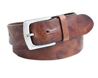 Leather belt chocolate brown vintage jeans belt men fullgrain leather old silver buckle