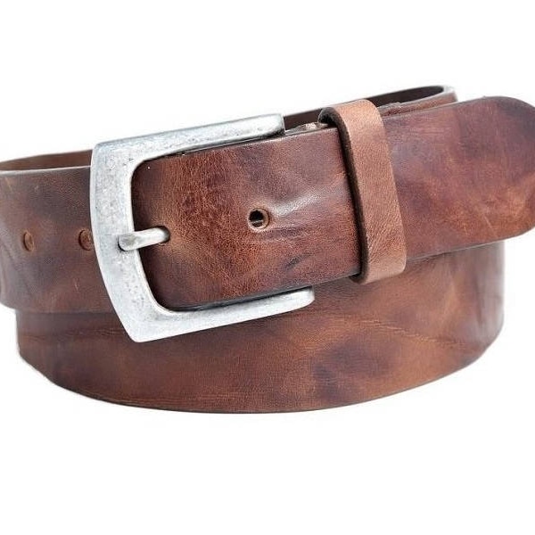 Leather belt chocolate brown vintage jeans belt men fullgrain leather old silver buckle