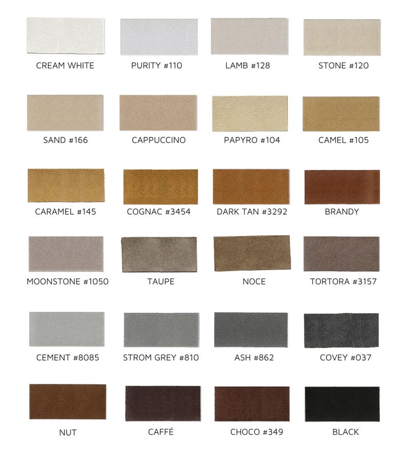May include: A color chart featuring twenty-four rectangular swatches arranged in six rows of four. Each swatch displays a unique shade ranging from cream white to black, with corresponding labels such as Cream White, Purity #110, Lamb #128, Stone #120, Sand #166, Cappuccino, Papyro #104, Camel #105, Caramel #145, Cognac #3454, Dark Tan #3292, Brandy, Moonstone #1050, Taupe, Noce, Tortora #3157, Cement #8085, Strom Grey #810, Ash #862, Covey #037, Nut, Caff&egrave;, Choco #349, and Black.
