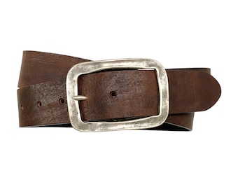 Leather belt “Women&#39;s vintage” jeans belt full cowhide leather belt buckle old silver 4cm width