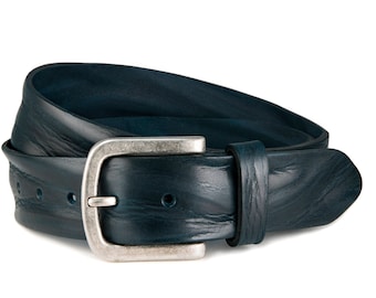 Navy blue leather belt vintage jeans belt made of soft fullgrain leather with antique silver buckle