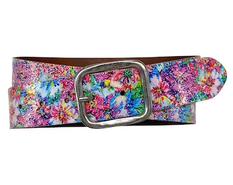 Womens leather belt, leather belt with floral design, summery multicolored denim belt, womens belt, 4 cm wide, antique silver belt buckle