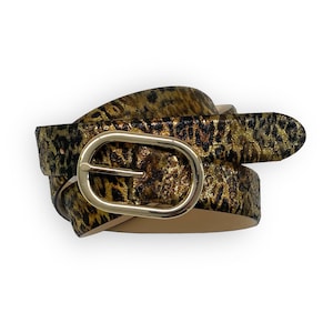 Ladies belt gold metallic leather belt with gold buckle leo design