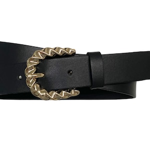 Leather belt ladies black smooth leather buckle light gold