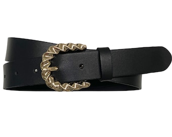 Leather belt ladies black smooth leather buckle light gold