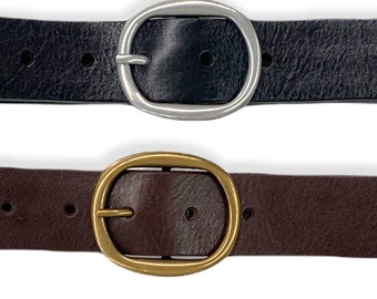 Women’s belt made of full cow leather with roundish old brass buckle real leather belt handmade