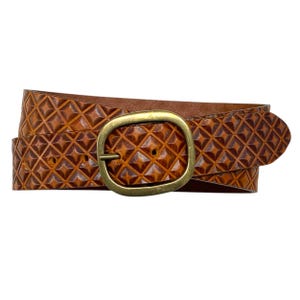 Leather belt women cognac denim belt embossed vintage leather belt buckle old brass width 4cm
