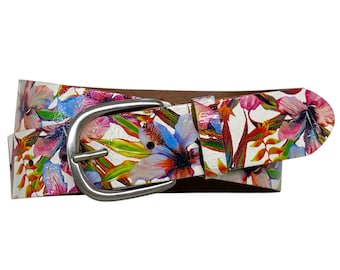 Womens leather belt, leather belt with floral design, summery multicolored denim belt, womens belt, 4 cm wide, antique silver belt buckle