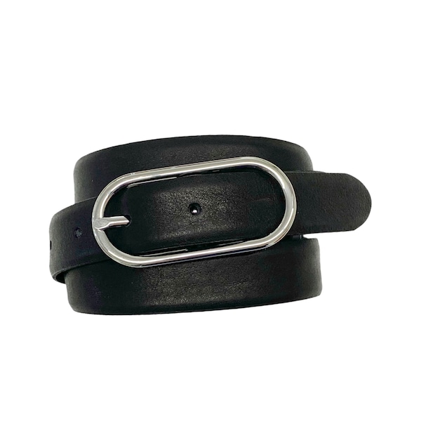 Ceinture en cuir pour femme Ceinture pour femme en cuir nappa noir avec boucle de ceinture ceinture ovale argentée largeur 2,5 cm