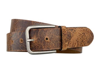 May include: A brown belt with a distressed, cracked texture and a weathered appearance. The belt features a rectangular silver-toned metal buckle with a single prong and a matching leather keeper loop, showcasing a rugged and worn-in aesthetic.