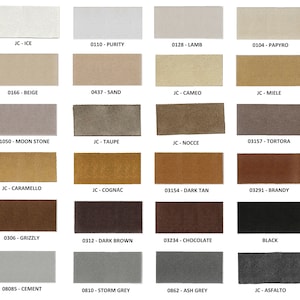 May include: A grid of twenty-four rectangular leather swatches arranged in six rows and four columns. Each swatch displays a unique color ranging from white, beige, and tan to brown, black, and gray, with corresponding labels printed below.