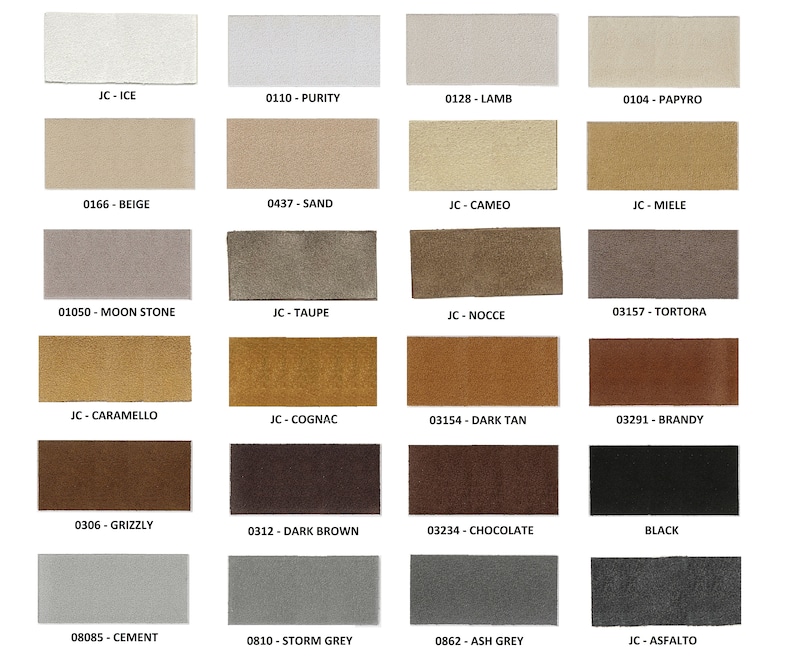 May include: A grid of twenty-four rectangular leather swatches arranged in six rows and four columns. Each swatch displays a unique color ranging from white, beige, and tan to brown, black, and gray, with corresponding labels printed below.