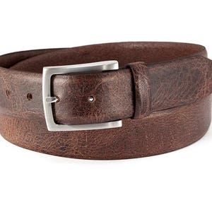 Dark brown leather belt vintage buffalo leather durable mens belt with brushed silver buckle