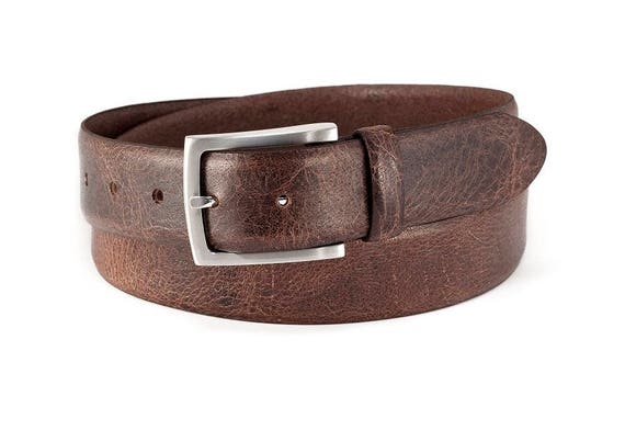 Mens brown leather sale belt silver buckle