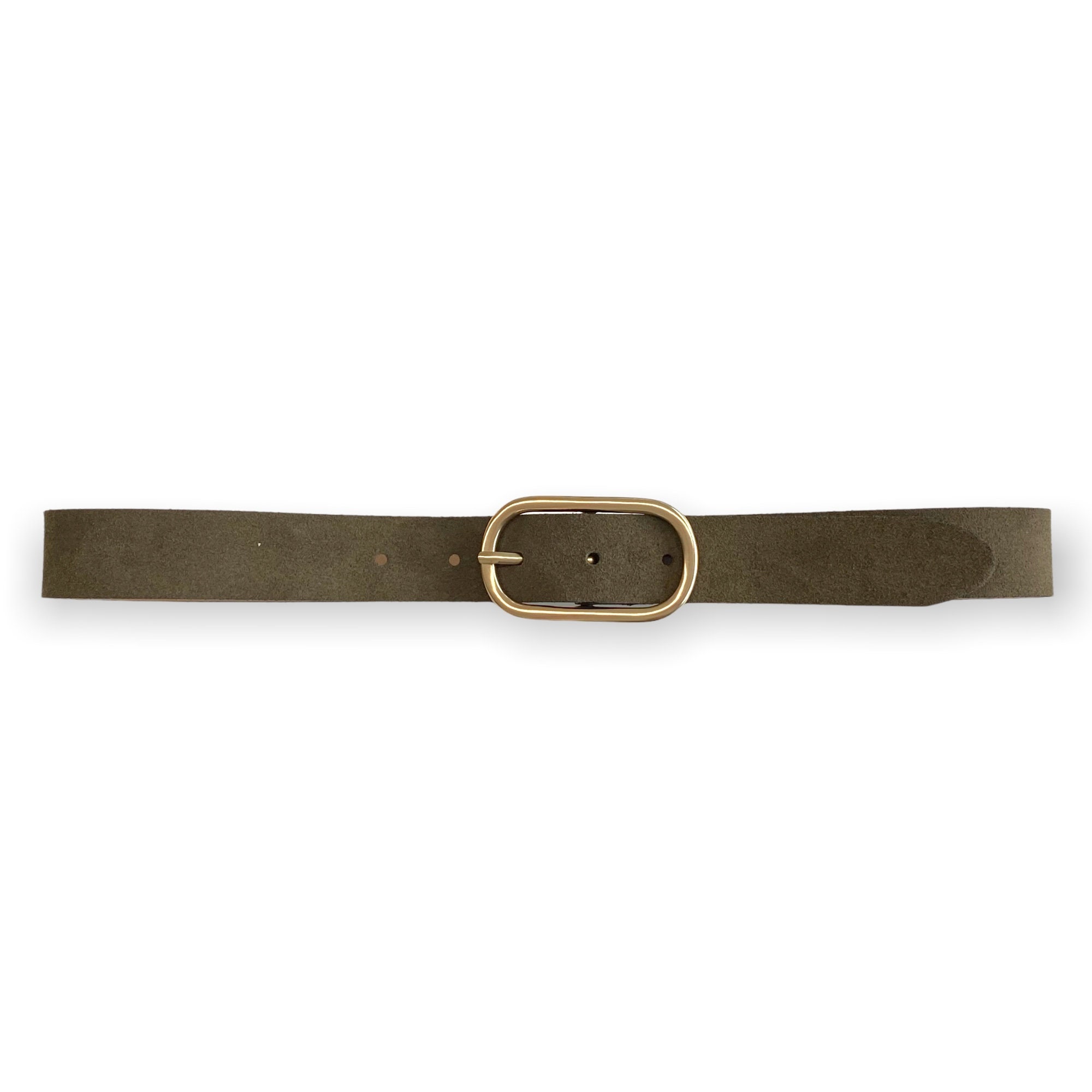 Leather Belt Olive Ladies Belt Suede Oval Buckle in Gold 