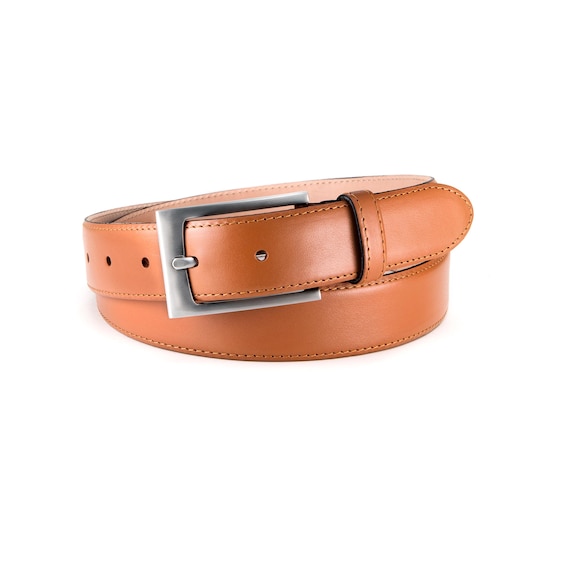 Men's belt leather cognac elegant classic leather belt for business wedding 3cm width belt buckle satin finish