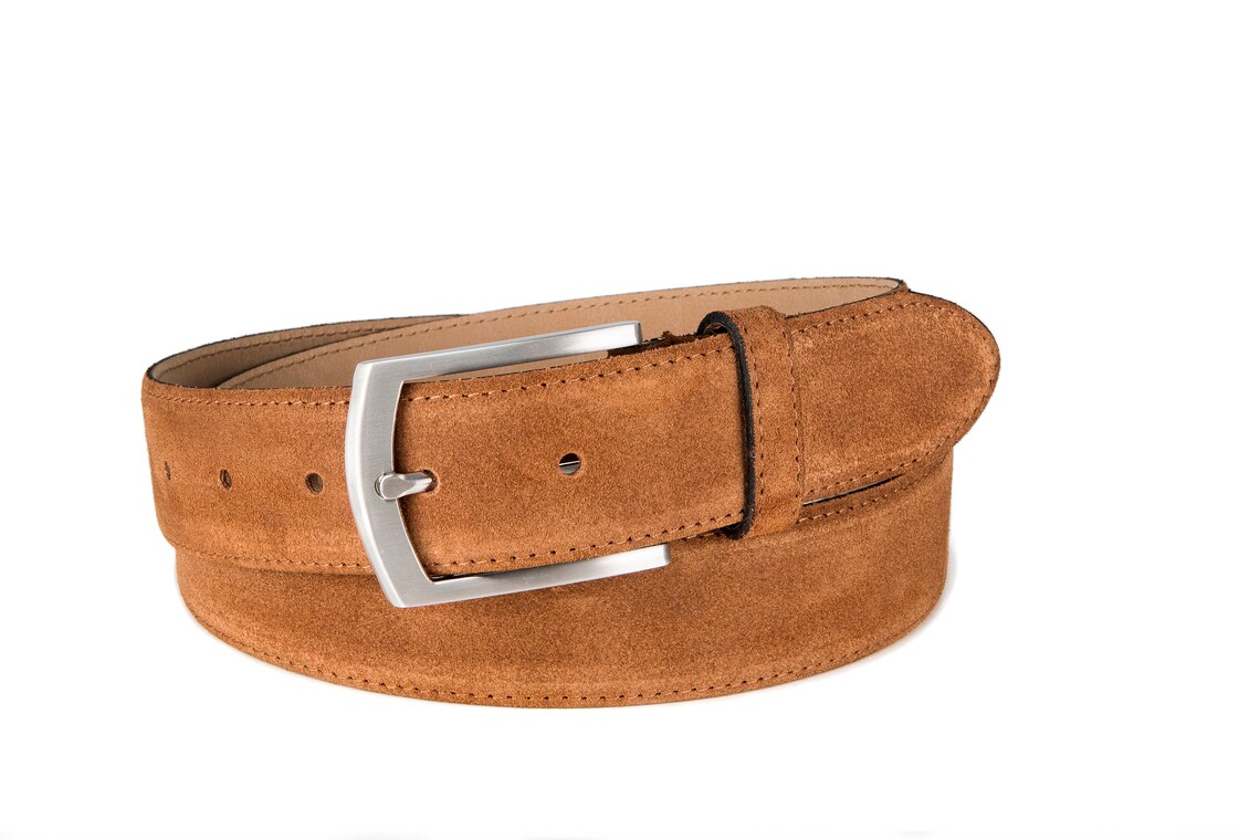 Mens Belt Suede Leather Cognac Brushed Silver Buckle Tan Jeans Etsy