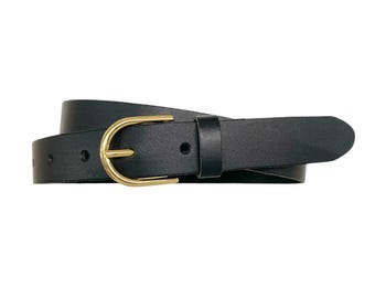May include: A black leather belt featuring a smooth finish and a polished gold-tone metal buckle. The belt includes a matching black leather keeper loop and a series of pre-punched holes along the strap for adjustable sizing and secure fastening.