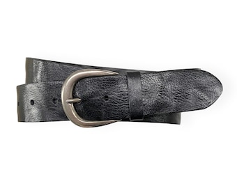 Cinturón de cuero para mujer, negro, para vaqueros, de piel flor, con hebilla de plata antigua, ancho 4 cm.