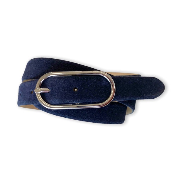 Leather belt ladies suede dark blue ladies belt with belt buckle silver oval belt width 2,5cm